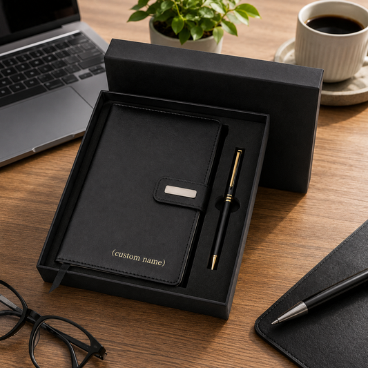 Personalized Journal & Pen Gift Set – Custom Engraved Faux Leather Notebook