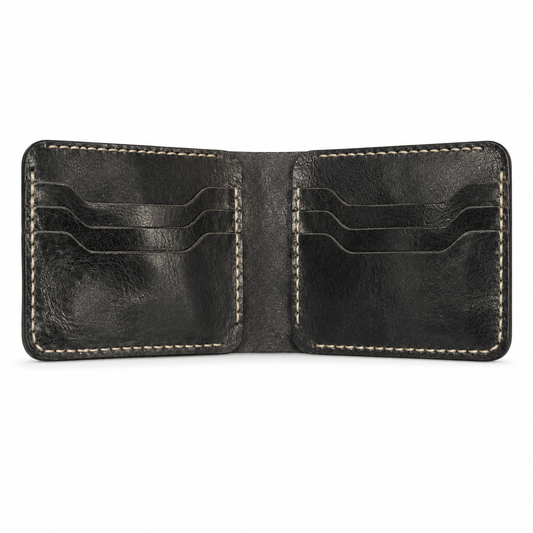 Men's Black Cow Leather Bifold Wallet, 6 Card Slots, 2 Cash Compartments, Contrast Stitching