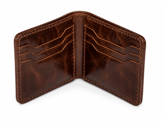 Handmade Brown Cow Leather Bifold Wallet, 6 Card Slots with Cash Compartment