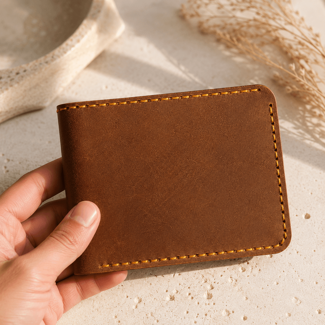 Men’s Cow Leather Bifold Wallet – 6 Card Slots, Cash Compartment, Hand-Stitched
