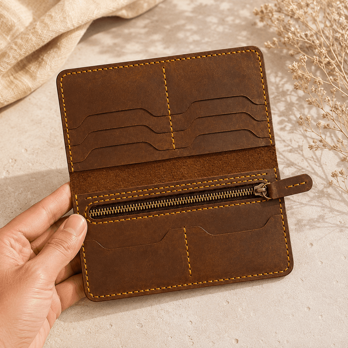 Men’s Brown Leather Long Wallet with Card Slots, Cash Storage and Zipper Pocket