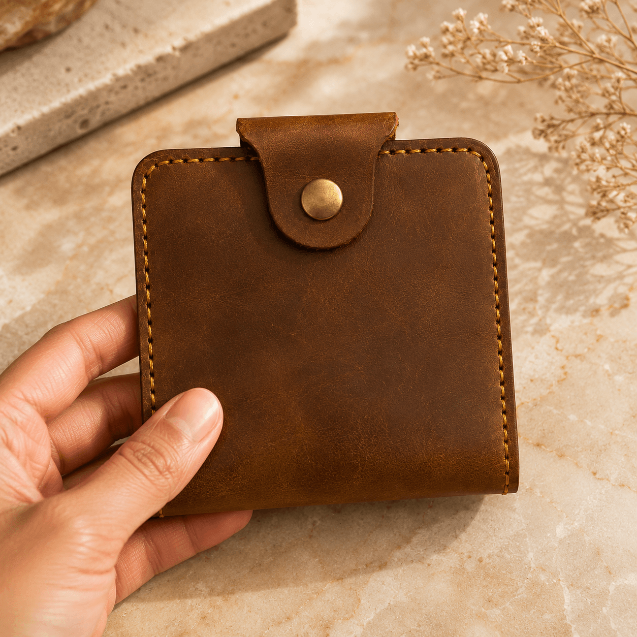 Men's Brown Cow Leather Wallet with Zipper Pocket, Card Slots