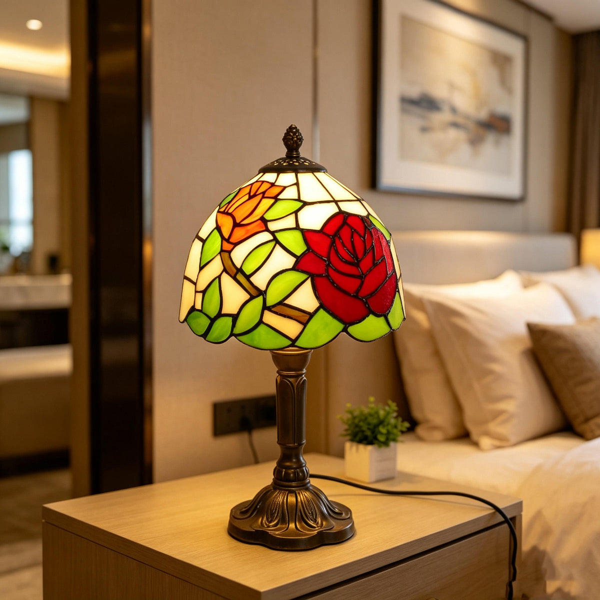 Vintage Rose Flower Stained Glass Table Lamp – Elegant Floral Bedside Light for Living Room & Bedroom