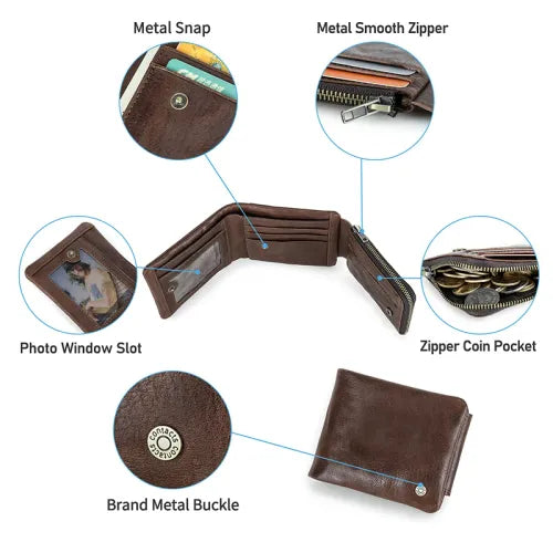 Men's Genuine Leather RFID Blocking Trifold Wallet with Zipper Coin Pocket, Credit Card Holder, ID Window & Cash Compartment