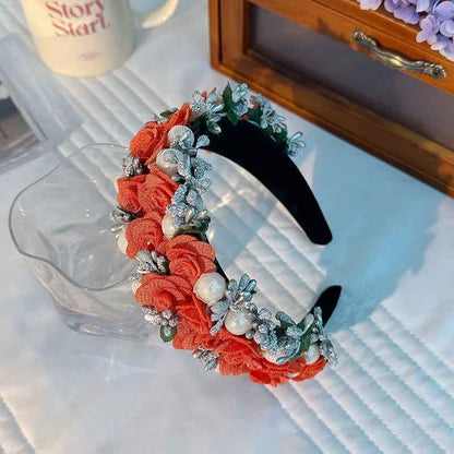 Baroque Pearl Rose Headband Luxury Fabric Flower Hair Band Wedding Party Accessory