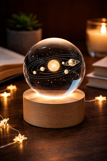 3D Solar System Crystal Ball with LED Wooden Base – Space Night Light Decor
