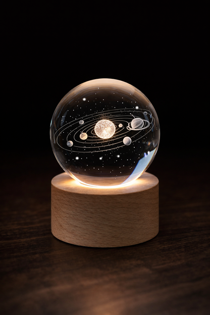 3D Solar System Crystal Ball with LED Wooden Base – Space Night Light Decor