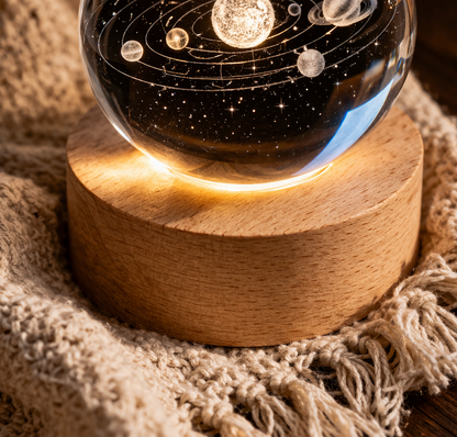 3D Solar System Crystal Ball with LED Wooden Base – Space Night Light Decor
