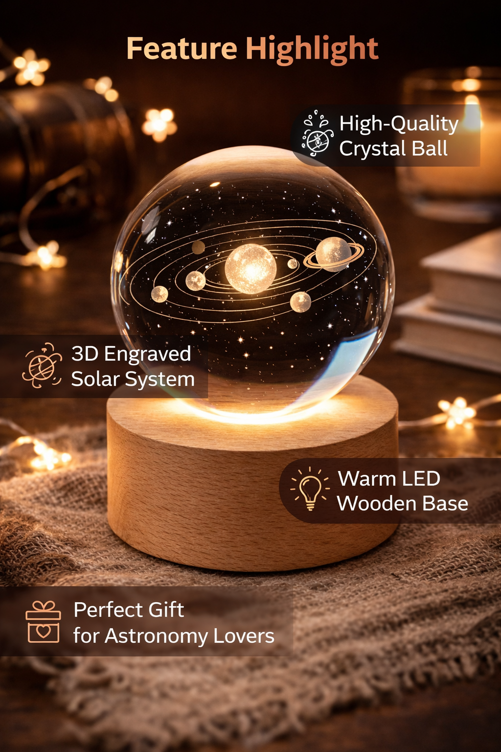 3D Solar System Crystal Ball with LED Wooden Base – Space Night Light Decor