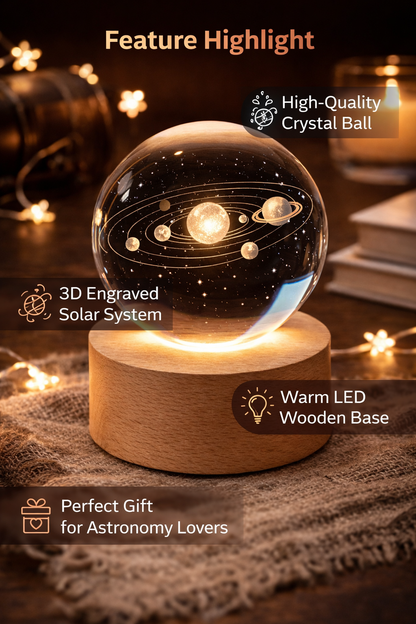 3D Solar System Crystal Ball with LED Wooden Base – Space Night Light Decor