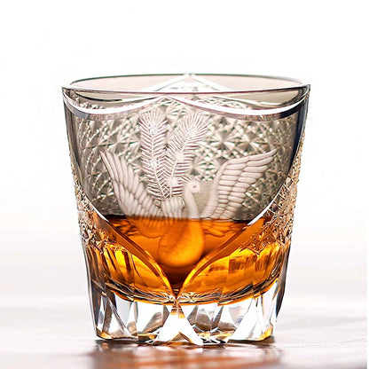 Edo Kiriko Handcrafted Peacock Pattern Whisky Glass Gray Phoenix