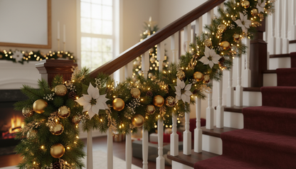 Festive Christmas Garland with Poinsettias, Gold Ornaments & Pinecones