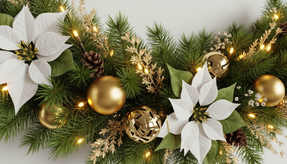 Festive Christmas Garland with Poinsettias, Gold Ornaments & Pinecones
