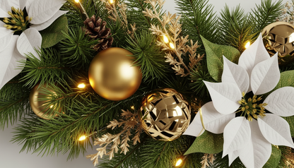 Festive Christmas Garland with Poinsettias, Gold Ornaments & Pinecones
