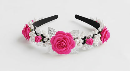 Pink Rose Headband with Pearls & Silver Leaves