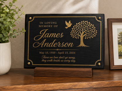 Personalized Memorial Plaque – Custom Engraved Remembrance Sign with Wood Stand