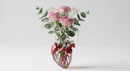 Anatomical Heart Glass Vase with Roses & Floral Arrangement