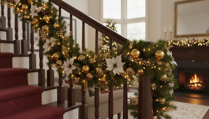 Festive Christmas Garland with Poinsettias, Gold Ornaments & Pinecones