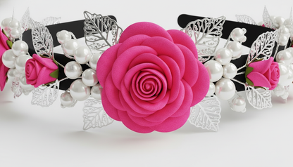 Pink Rose Headband with Pearls & Silver Leaves