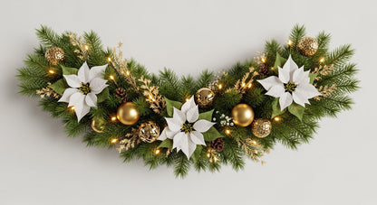 Festive Christmas Garland with Poinsettias, Gold Ornaments & Pinecones