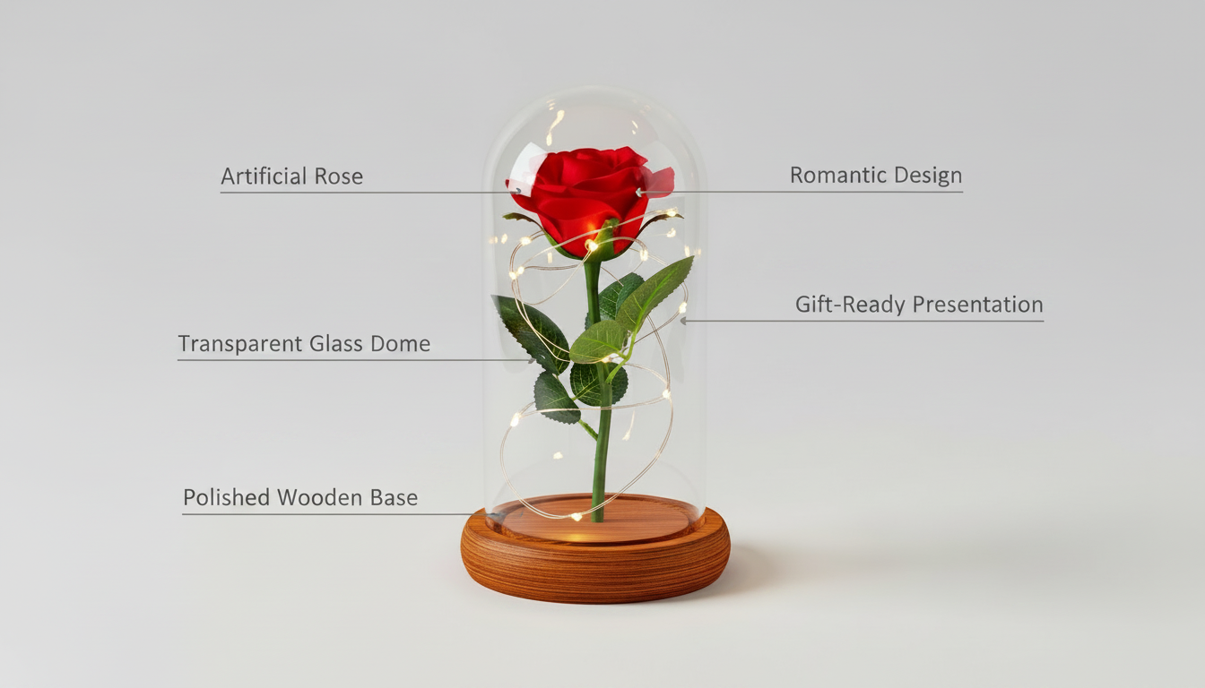 Preserved Rose in Glass Dome with LED Wooden Base – Romantic Keepsake Gift