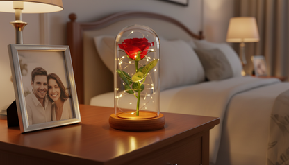 Preserved Rose in Glass Dome with LED Wooden Base – Romantic Keepsake Gift