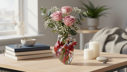 Anatomical Heart Glass Vase with Roses & Floral Arrangement