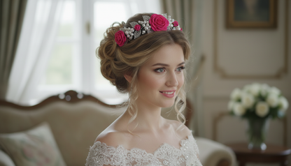 Pink Rose Headband with Pearls & Silver Leaves