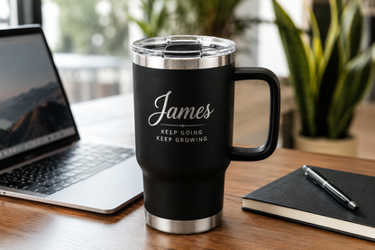 Personalized Stainless Steel Travel Mug with Handle – Custom Engraved Name