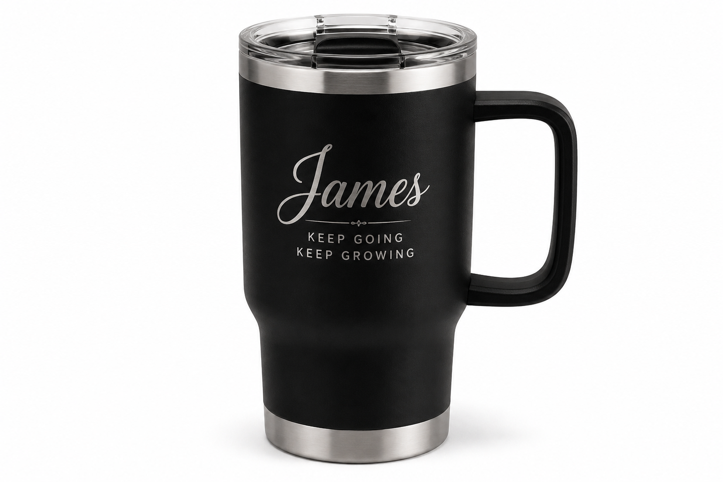 Personalized Stainless Steel Travel Mug with Handle – Custom Engraved Name