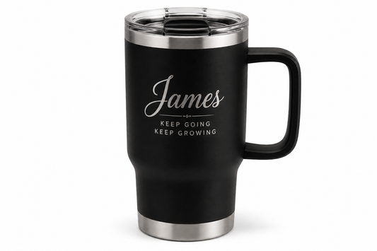 Personalized Stainless Steel Travel Mug with Handle – Custom Engraved Name