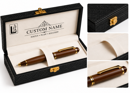 Luxury Brown Wooden Pen Gift Set with Premium Engraved Presentation Box