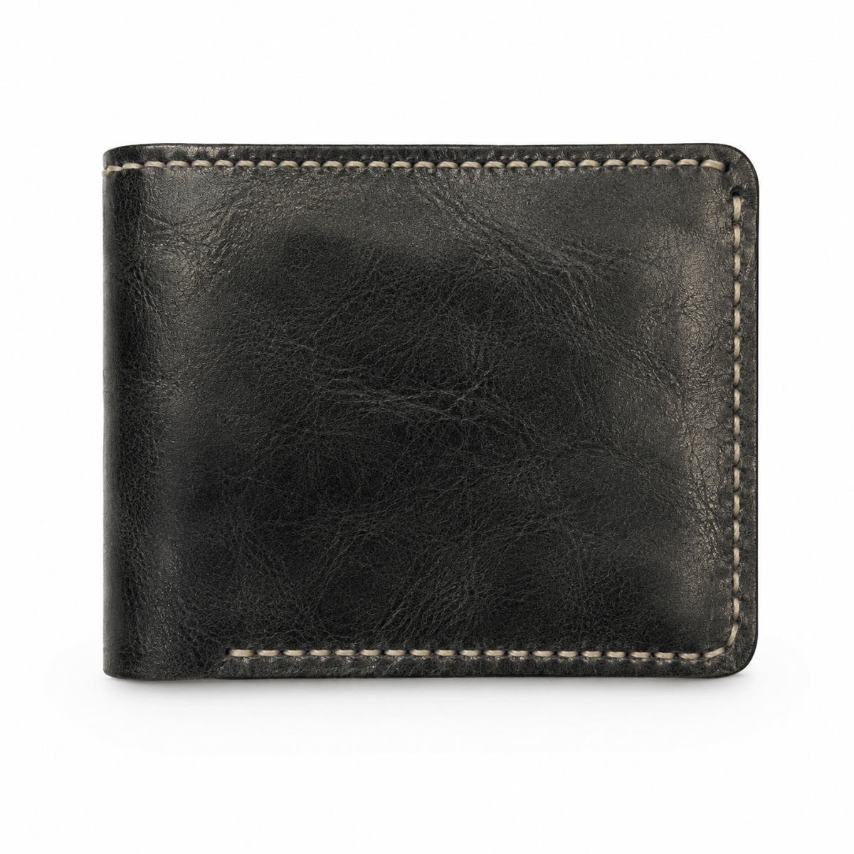 Men's Black Cow Leather Bifold Wallet, 6 Card Slots, 2 Cash Compartments, Contrast Stitching
