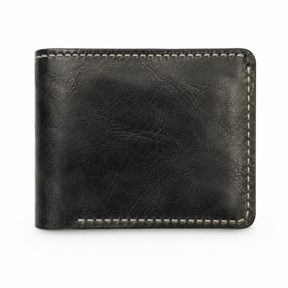 Men's Black Cow Leather Bifold Wallet, 6 Card Slots, 2 Cash Compartments, Contrast Stitching