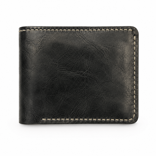 Men's Black Cow Leather Bifold Wallet, 6 Card Slots, 2 Cash Compartments, Contrast Stitching