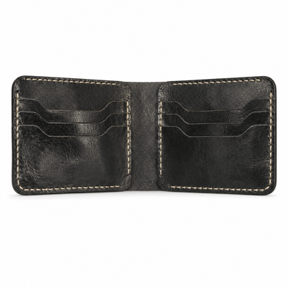 Men's Black Cow Leather Bifold Wallet, 6 Card Slots, 2 Cash Compartments, Contrast Stitching