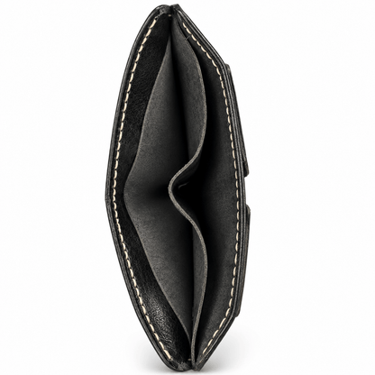 Men's Black Cow Leather Bifold Wallet, 6 Card Slots, 2 Cash Compartments, Contrast Stitching