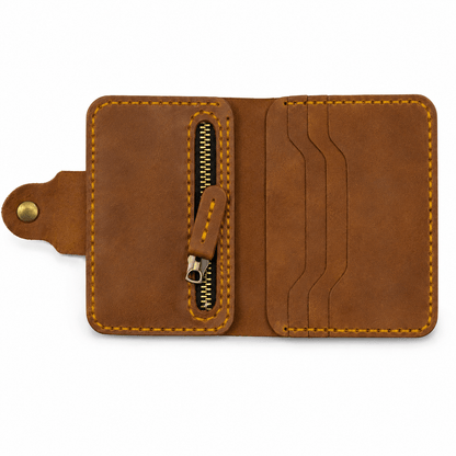 Men's Brown Cow Leather Wallet with Zipper Pocket, Card Slots