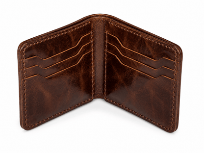 Handmade Brown Cow Leather Bifold Wallet, 6 Card Slots with Cash Compartment