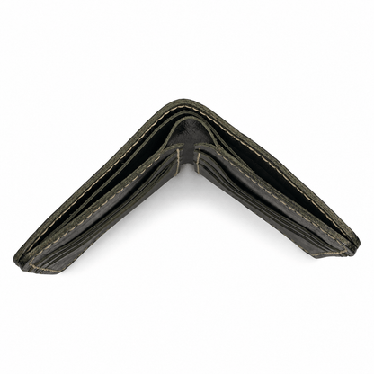 Men's Black Cow Leather Bifold Wallet, 6 Card Slots, 2 Cash Compartments, Contrast Stitching