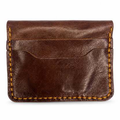 Brown Leather Card Holder Wallet, Front Pocket, Snap Closure, Contrast Stitching