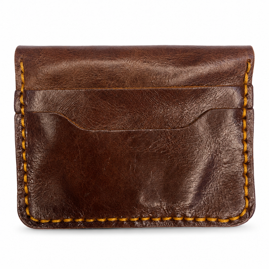 Brown Leather Card Holder Wallet, Front Pocket, Snap Closure, Contrast Stitching