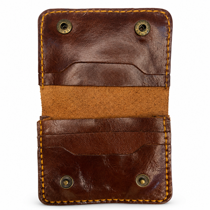 Brown Leather Card Holder Wallet, Front Pocket, Snap Closure, Contrast Stitching