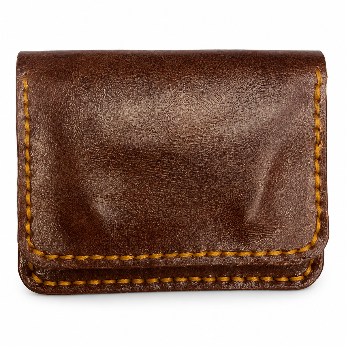 Brown Leather Card Holder Wallet, Front Pocket, Snap Closure, Contrast Stitching