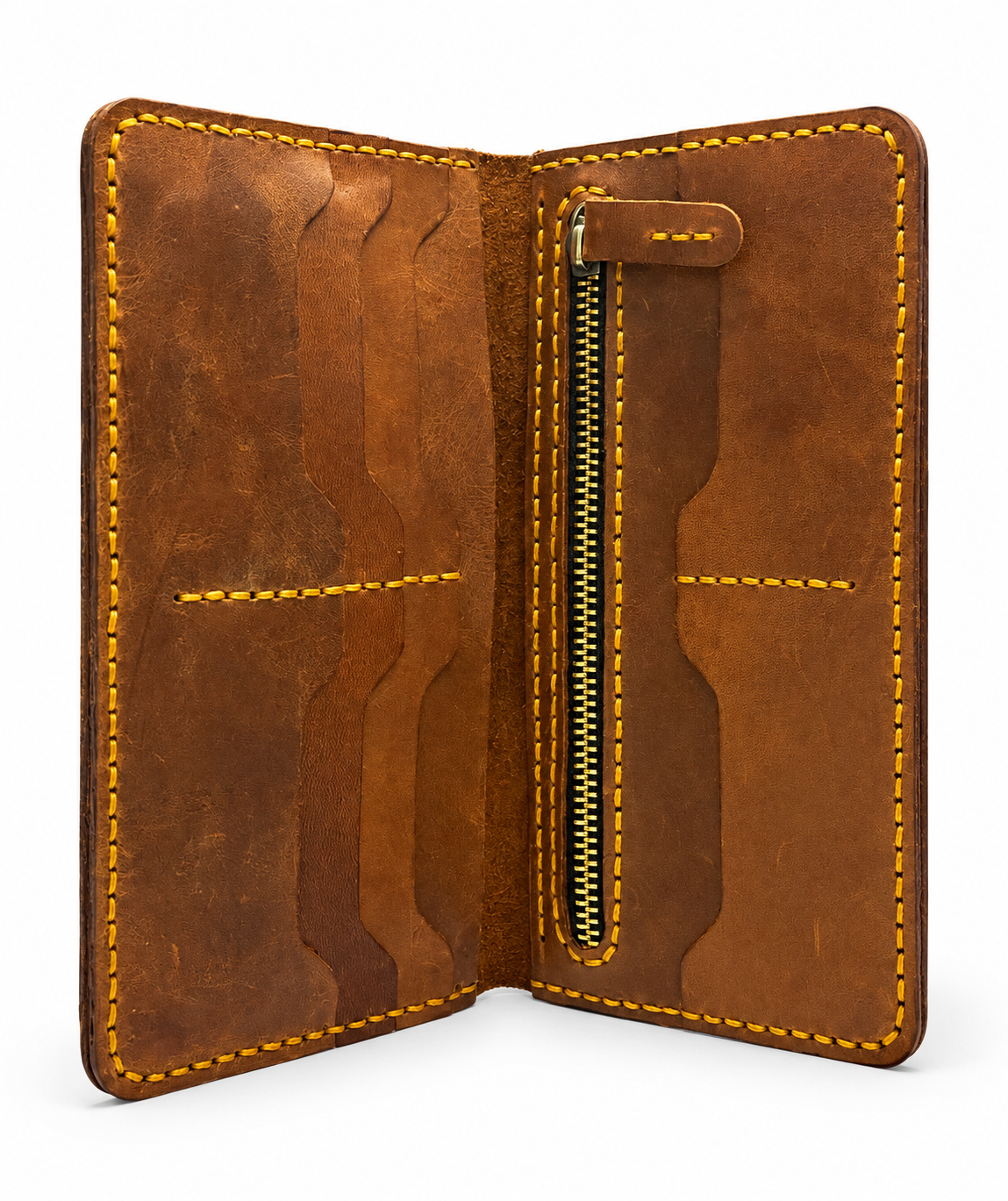 Men’s Brown Leather Long Wallet with Card Slots, Cash Storage and Zipper Pocket