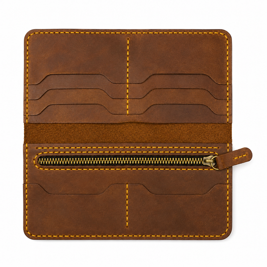 Men’s Brown Leather Long Wallet with Card Slots, Cash Storage and Zipper Pocket
