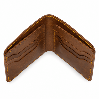 Men’s Cow Leather Bifold Wallet – 6 Card Slots, Cash Compartment, Hand-Stitched