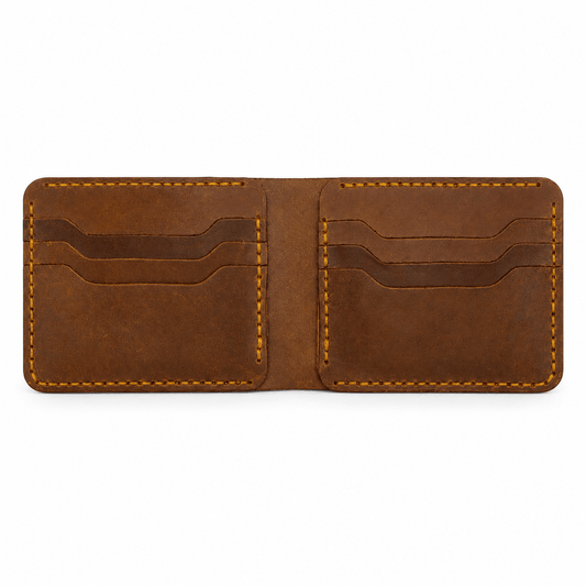 Men’s Cow Leather Bifold Wallet – 6 Card Slots, Cash Compartment, Hand-Stitched