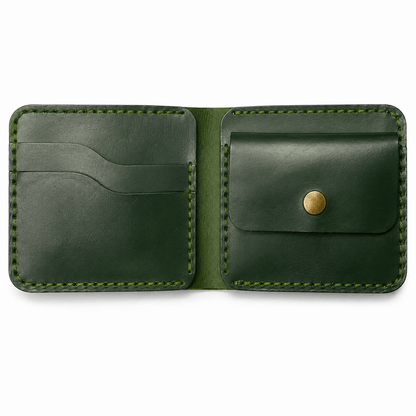 Men's Dark Green Leather Bifold Wallet, Handmade Stitched Card Holder with Multiple Card Slots
