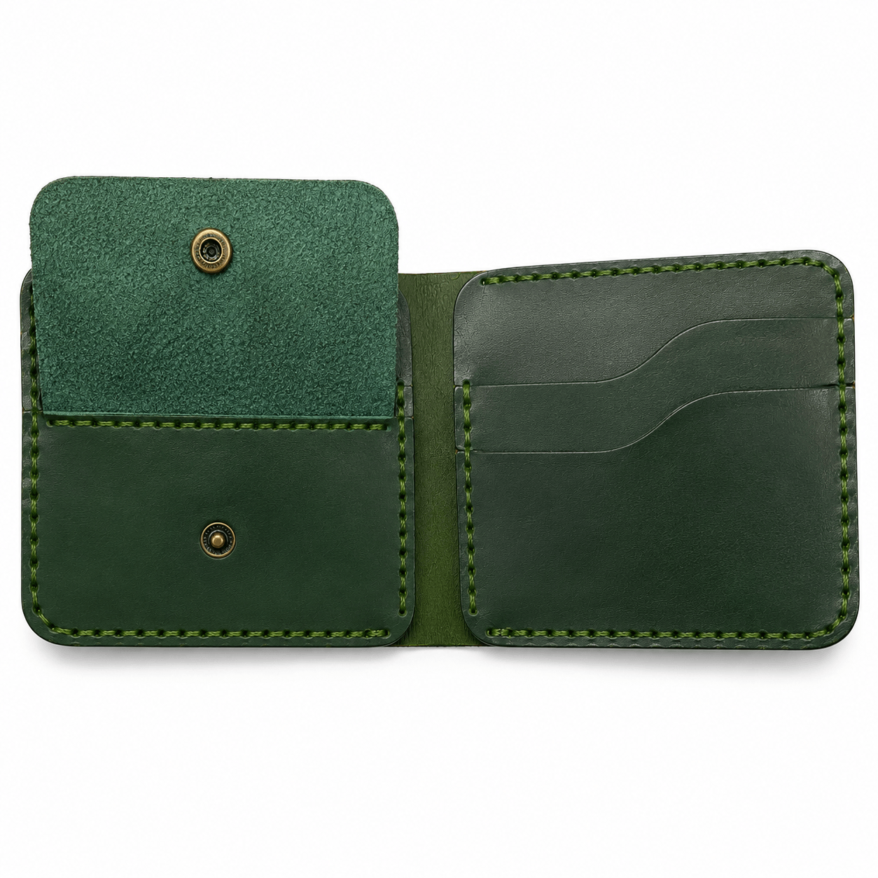 Men's Dark Green Leather Bifold Wallet, Handmade Stitched Card Holder with Multiple Card Slots